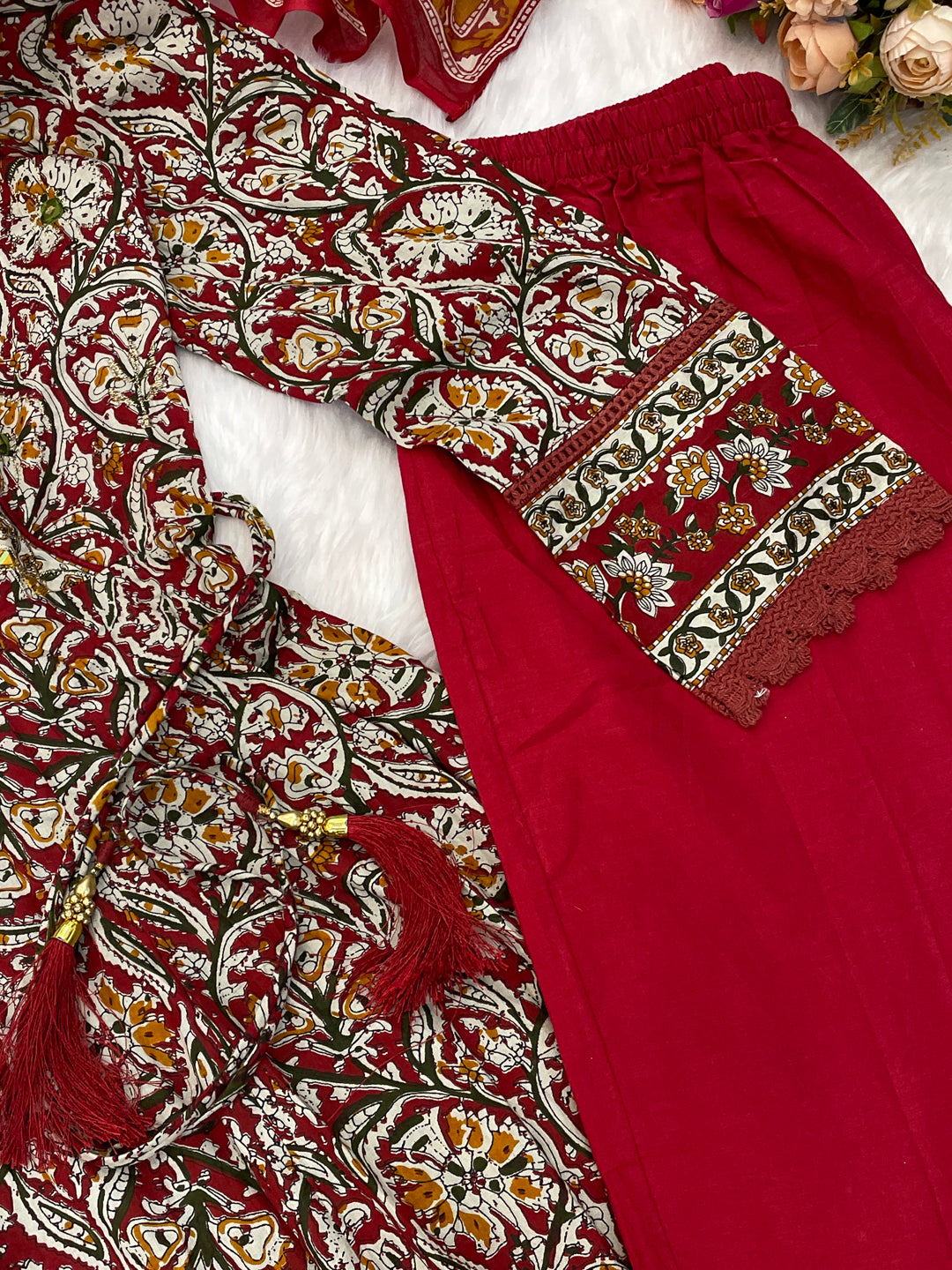 Printed Cotton Anarkali Kurta Set With Handwork on The Neckline