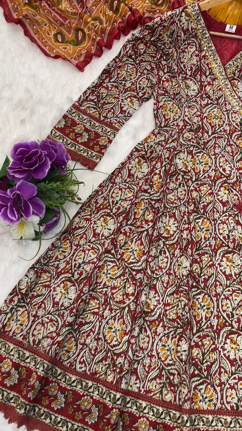 Printed Cotton Anarkali Kurta Set With Handwork on The Neckline
