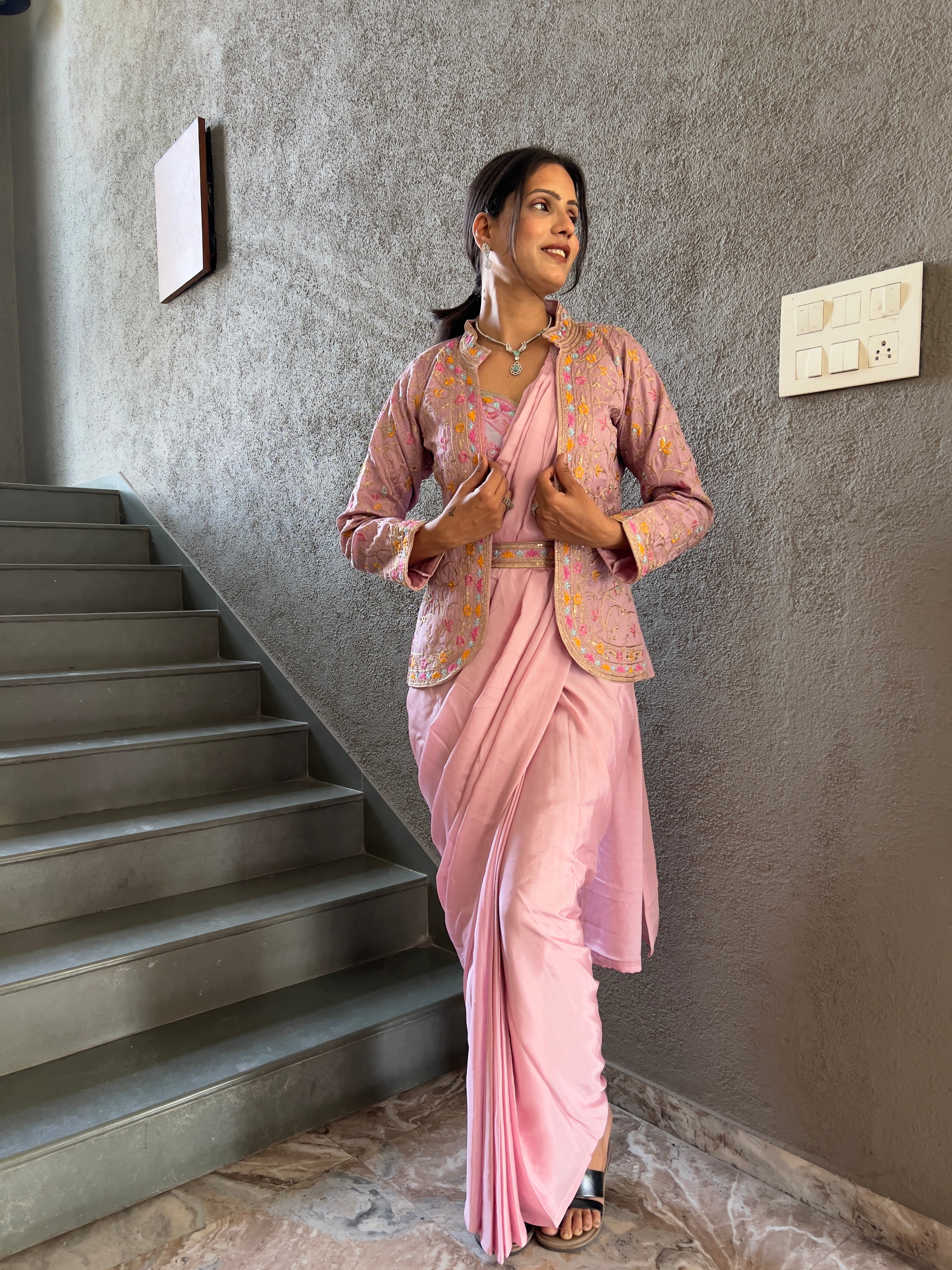 Heavy Chinon Jacket Saree With Blouse and Cording Embroidered Work