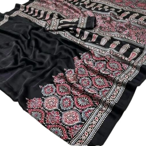 Soft Modal Silk Natural Ajrakh Printed Saree with Unstitched Blouse