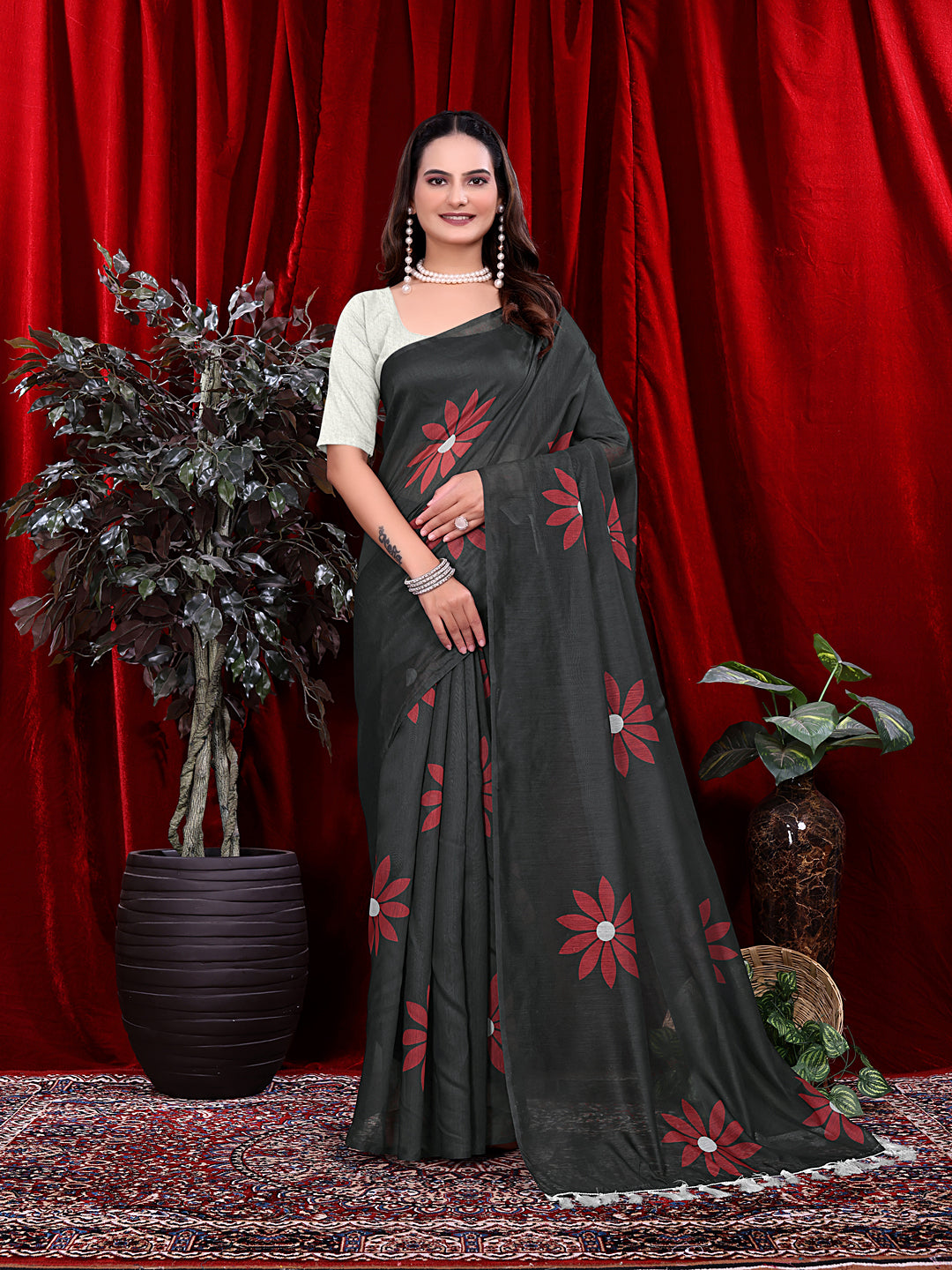 Ready To Wear Floral Print Handloom Pure Linen Saree