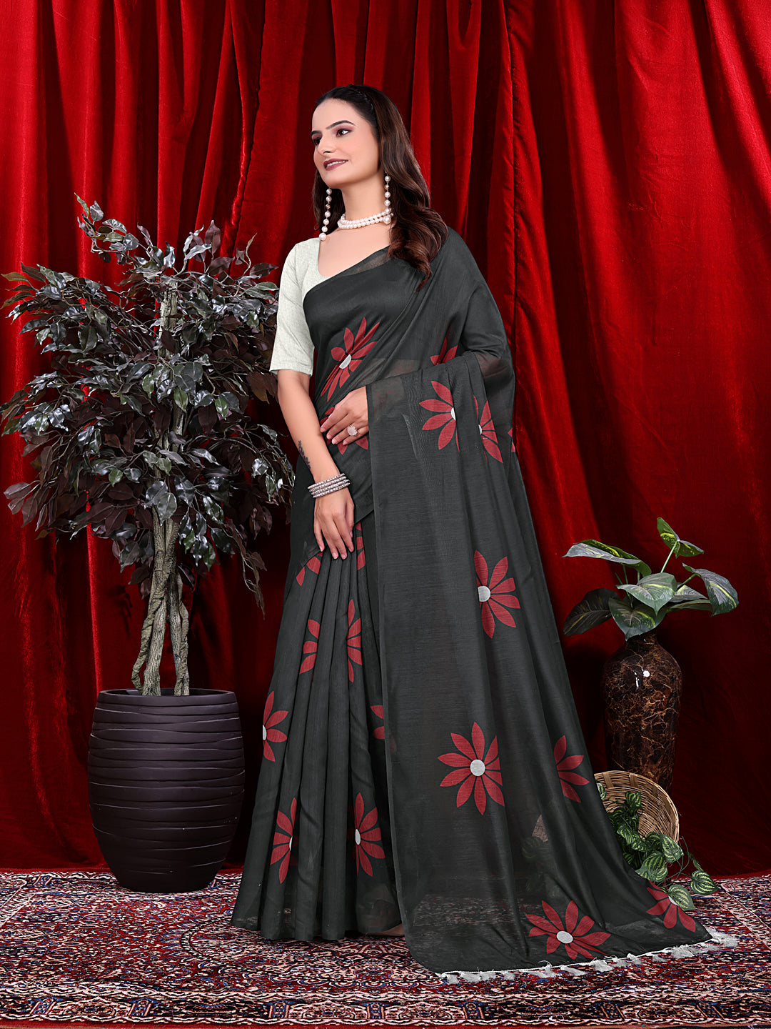 Ready To Wear Floral Print Handloom Pure Linen Saree