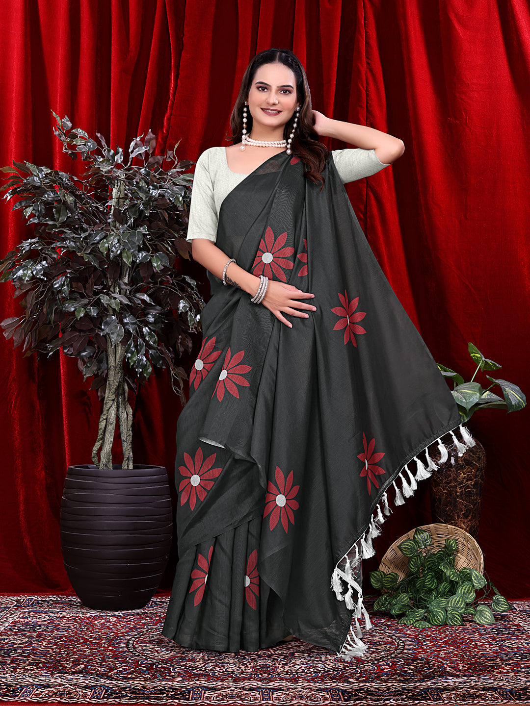 Ready To Wear Floral Print Handloom Pure Linen Saree