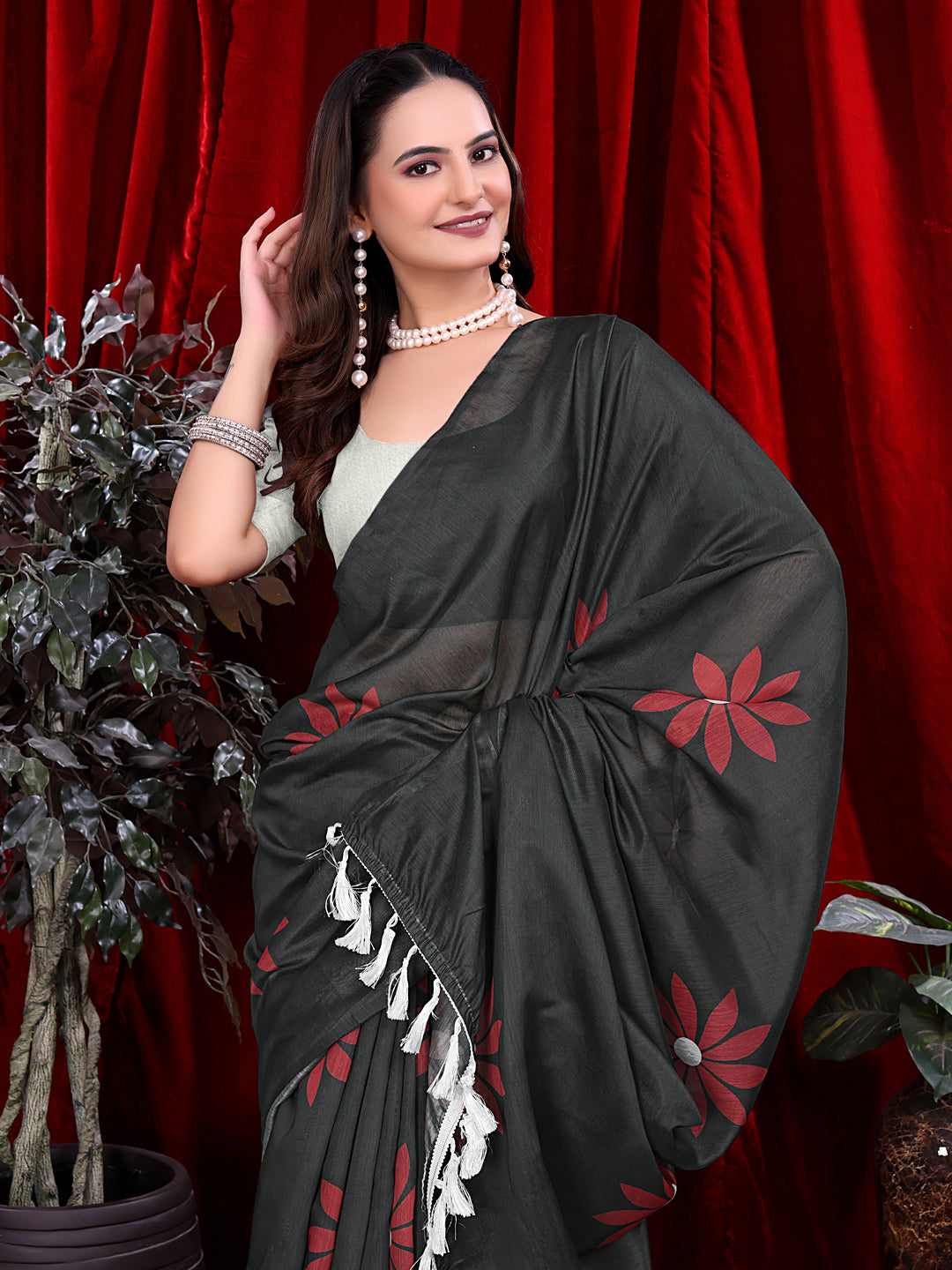 Ready To Wear Floral Print Handloom Pure Linen Saree
