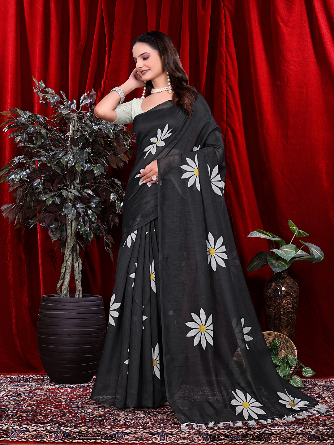 Ready To Wear Floral Print Handloom Pure Linen Saree