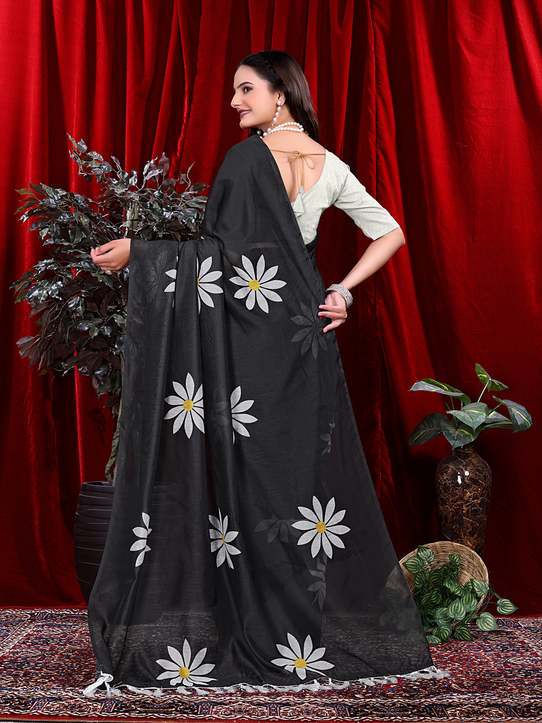 Ready To Wear Floral Print Handloom Pure Linen Saree