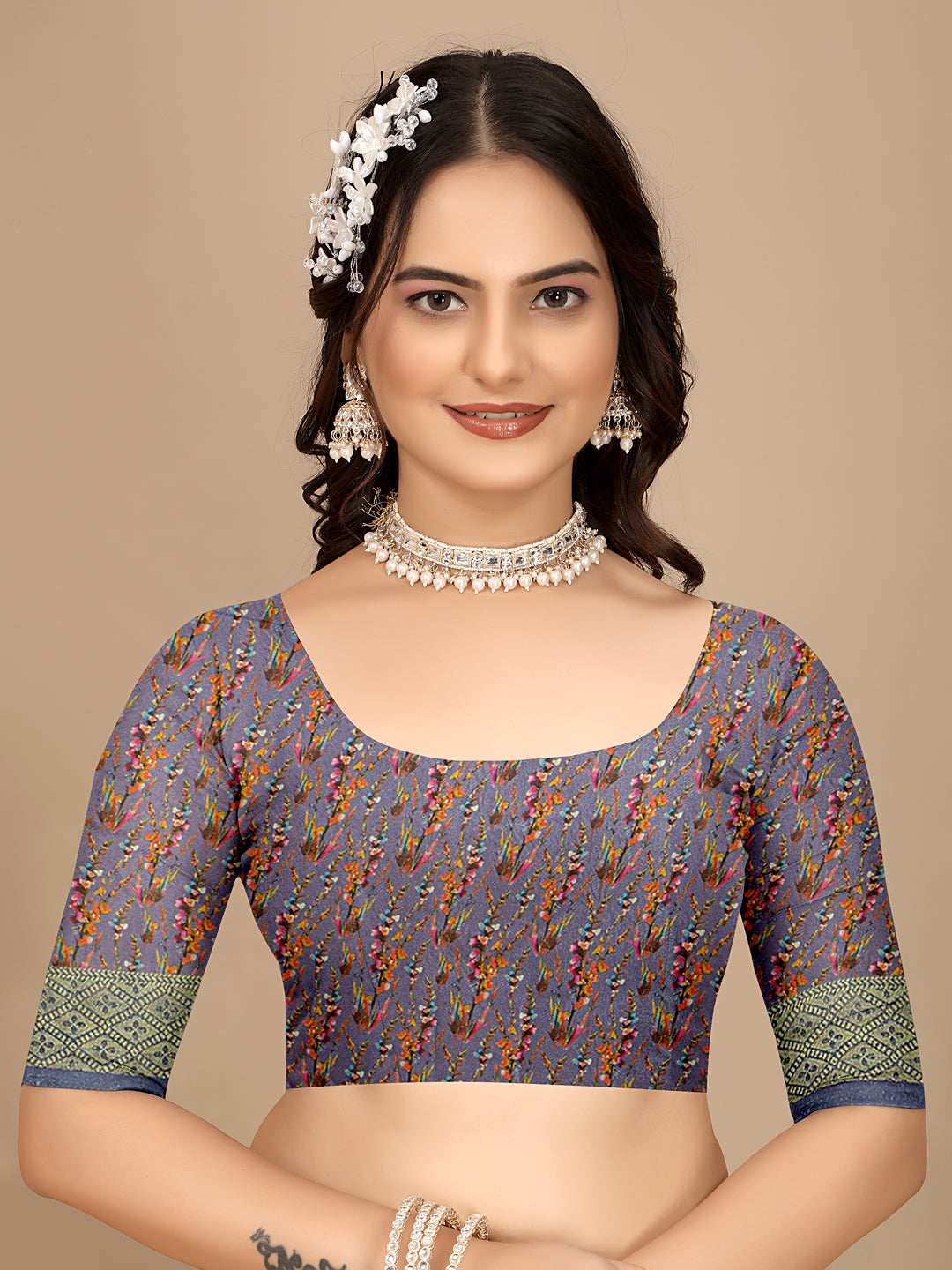 Moss Chiffon Digital Print With Jacquard Border Saree