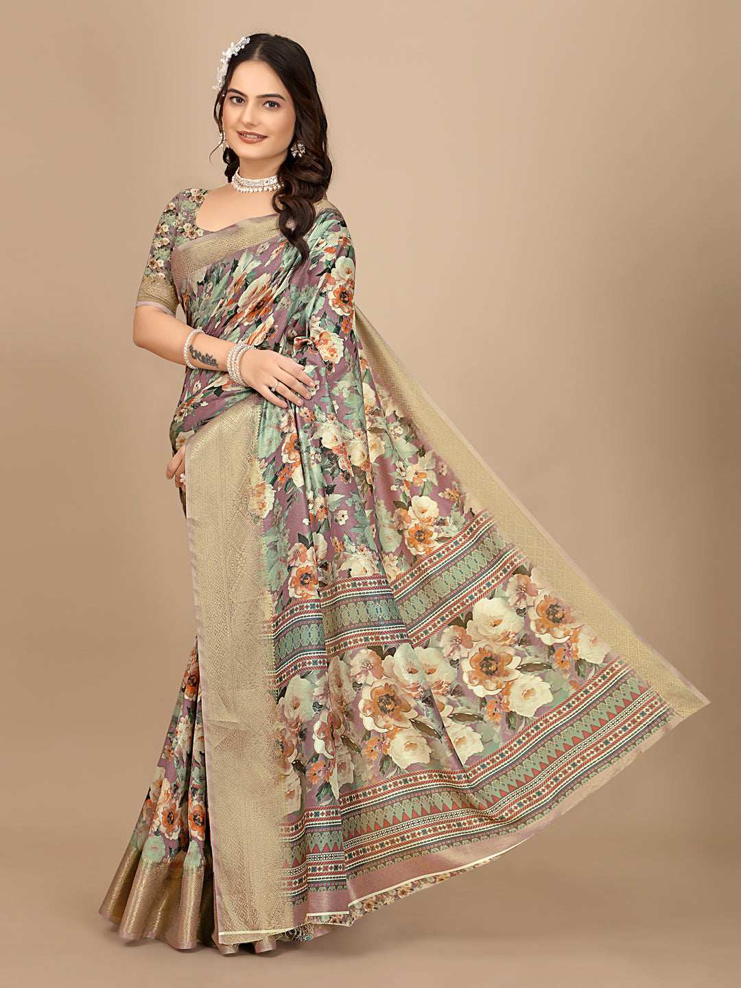 Moss Chiffon Digital Print With Jacquard Border Saree