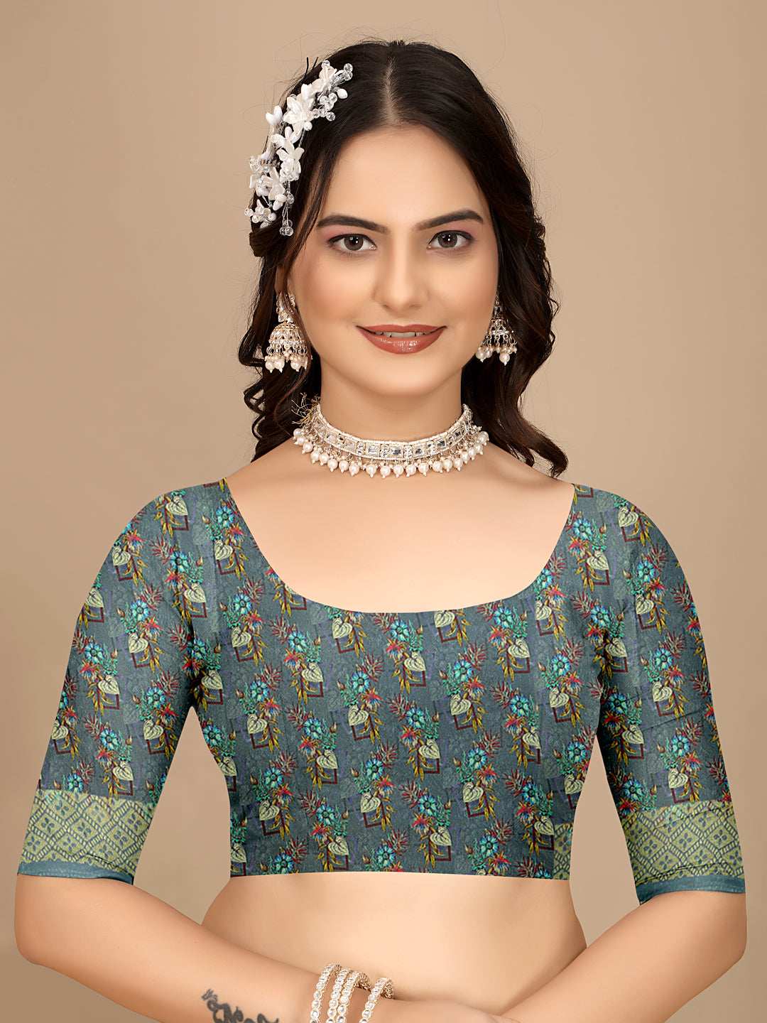 Moss Chiffon Digital Print With Jacquard Border Saree