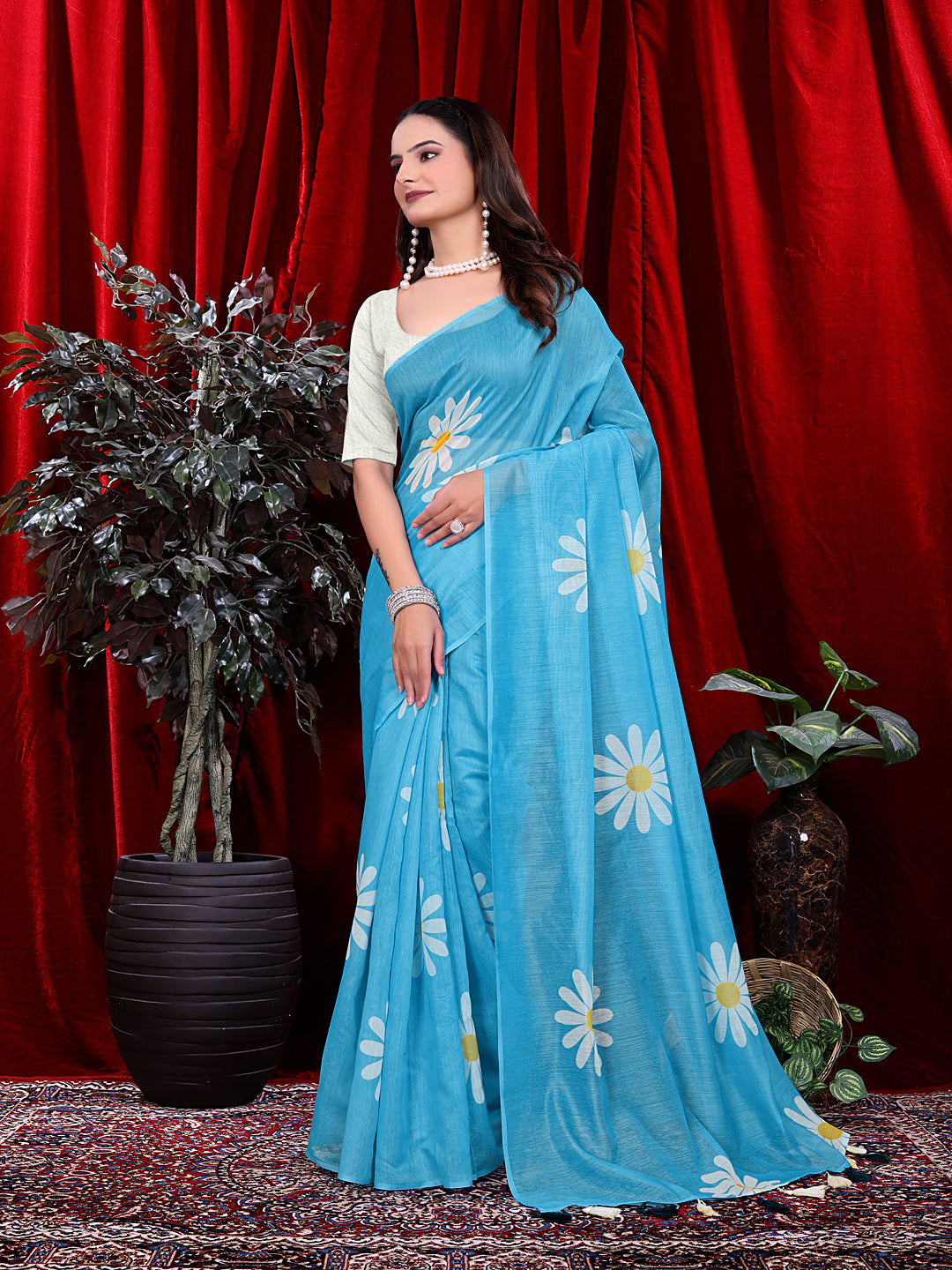 Ready To Wear Floral Print Handloom Pure Linen Saree