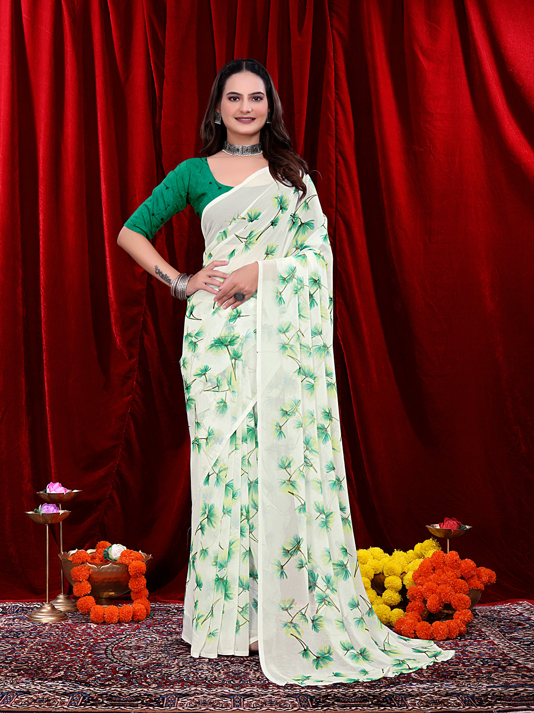 Women's Ready-to-wear Floral Printed Georgette Saree