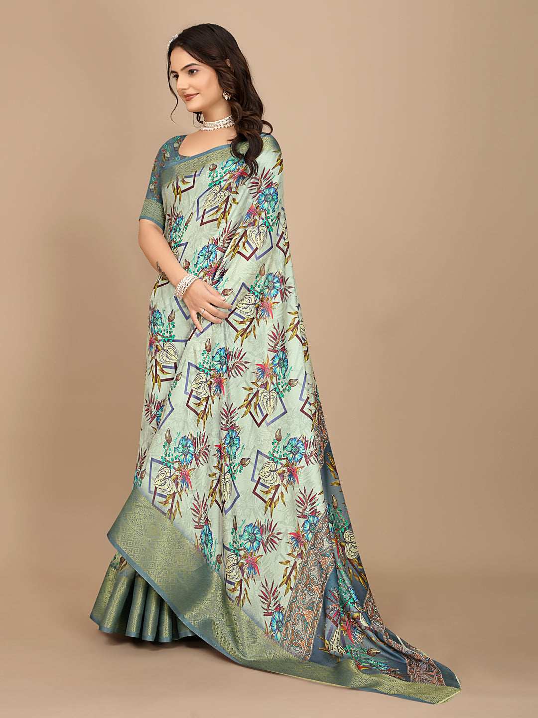 Moss Chiffon Digital Print With Jacquard Border Saree