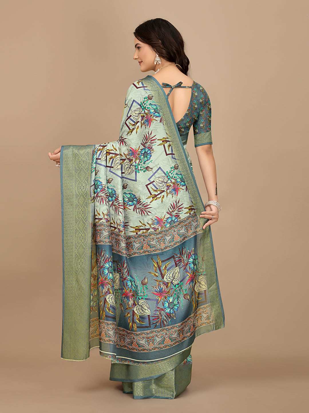 Moss Chiffon Digital Print With Jacquard Border Saree