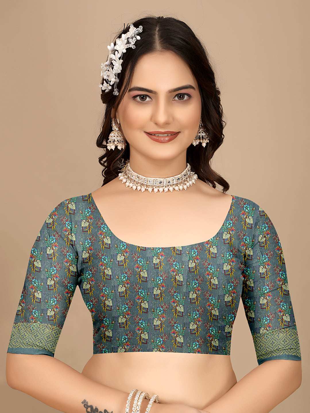 Moss Chiffon Digital Print With Jacquard Border Saree