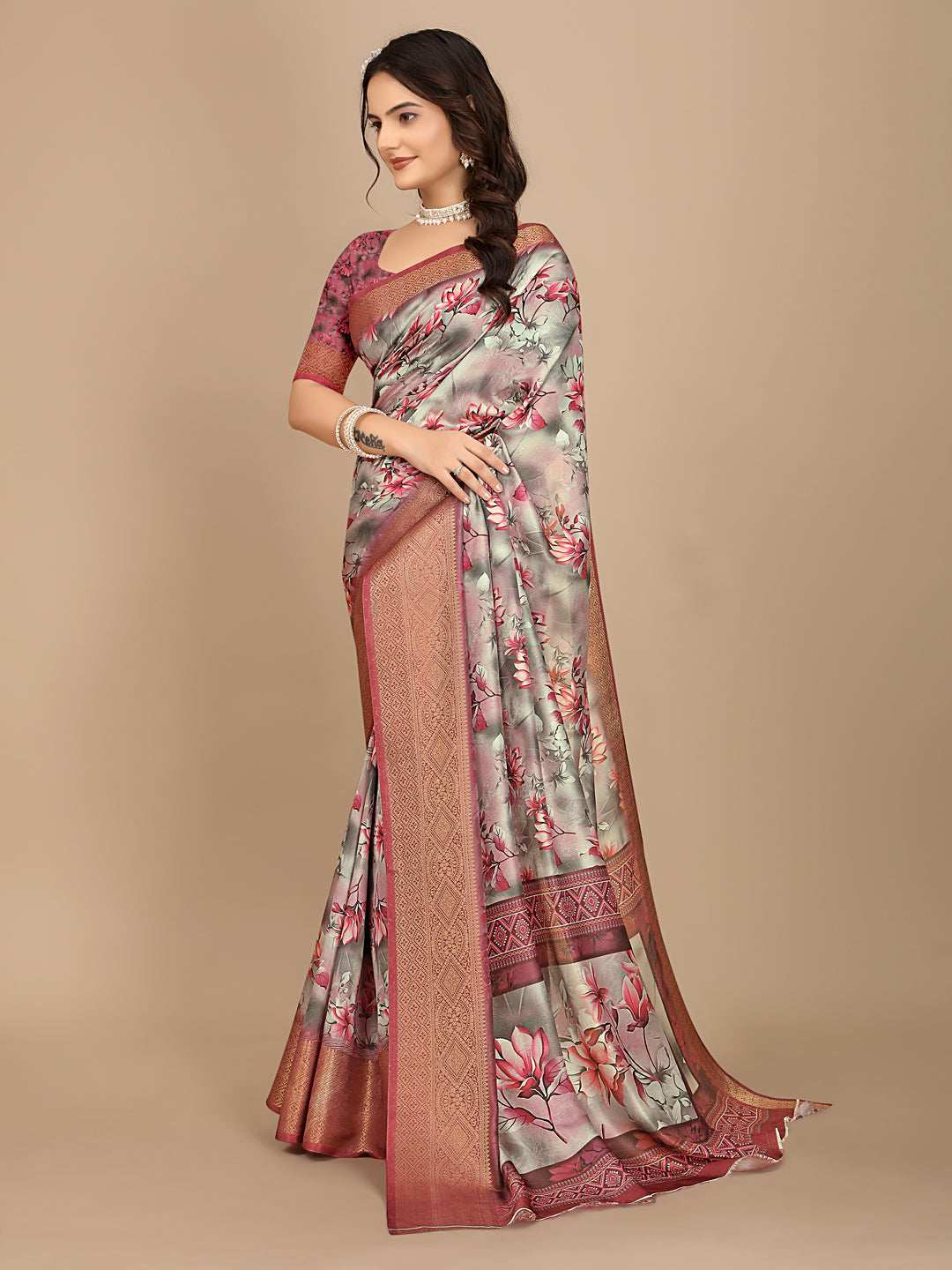 Moss Chiffon Digital Print With Jacquard Border Saree