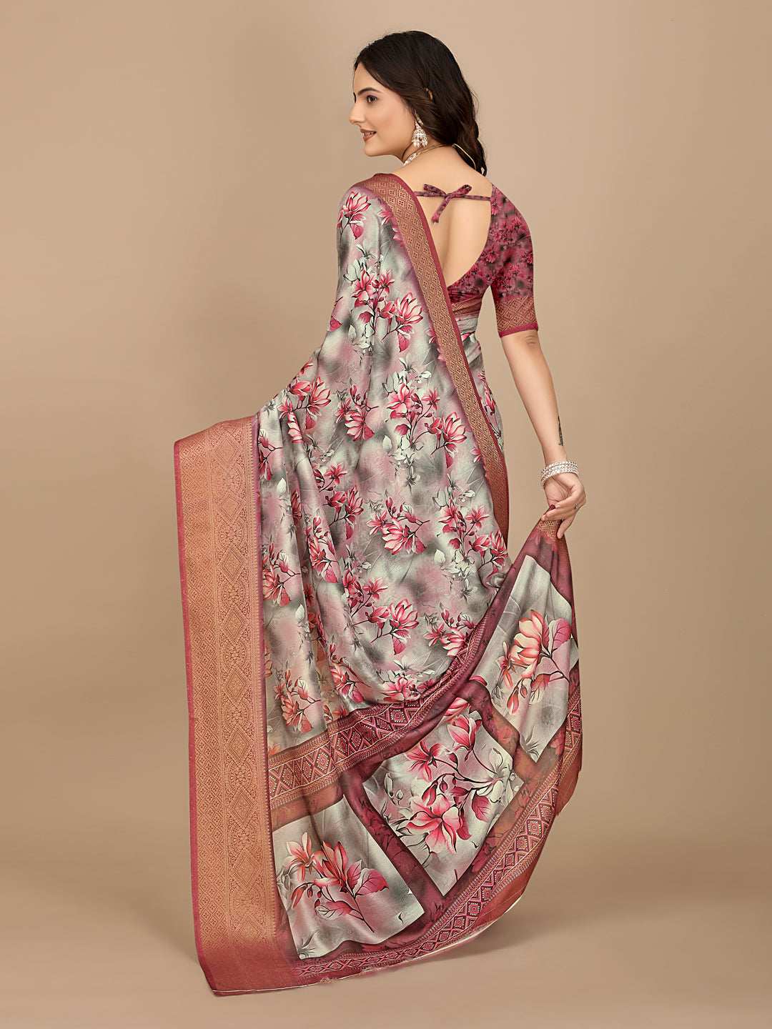 Moss Chiffon Digital Print With Jacquard Border Saree