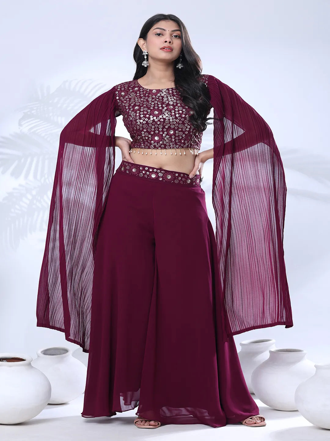 Georgette Floral Embroidered Sequined Crop Top with Palazzo