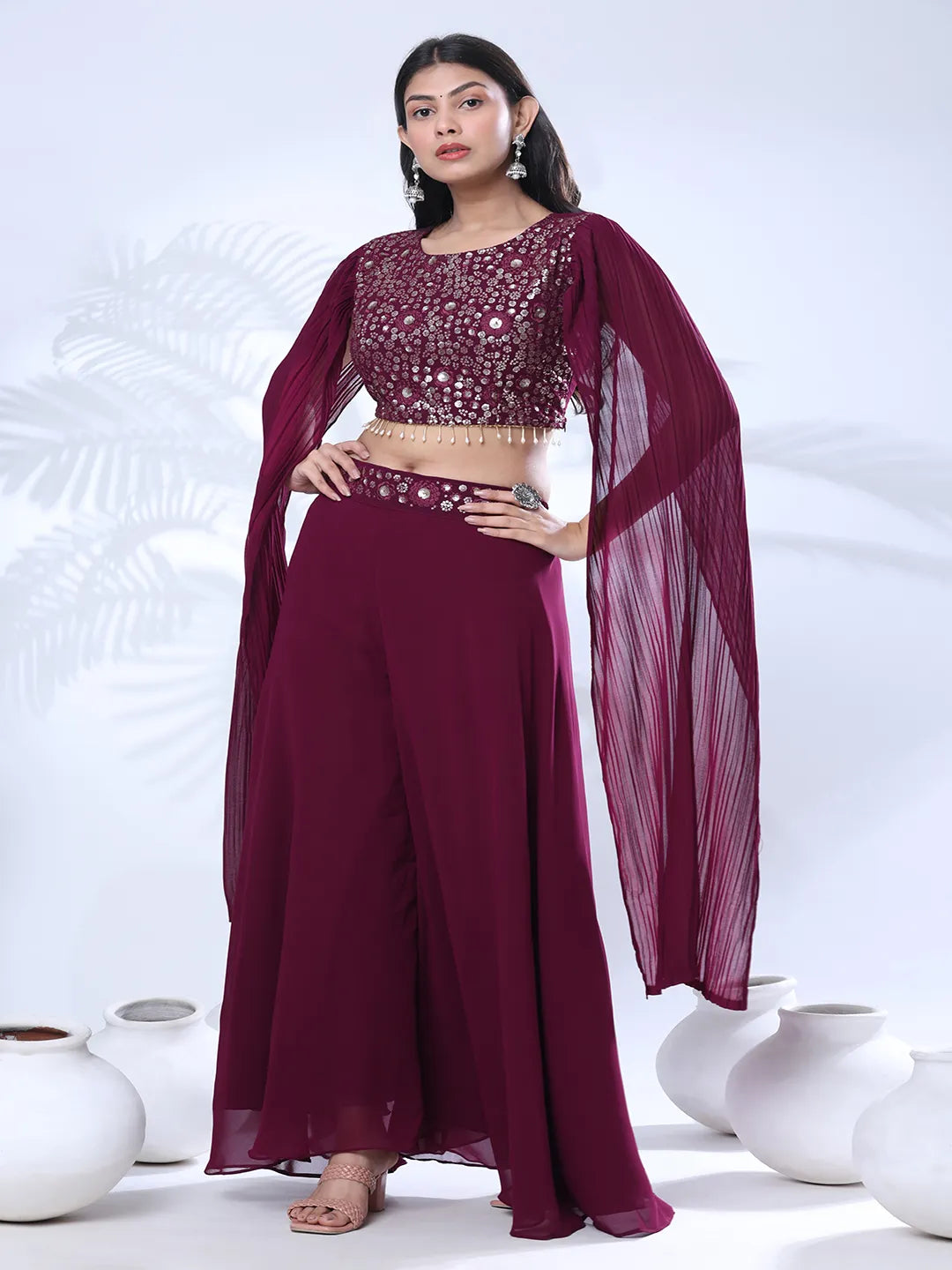 Georgette Floral Embroidered Sequined Crop Top with Palazzo