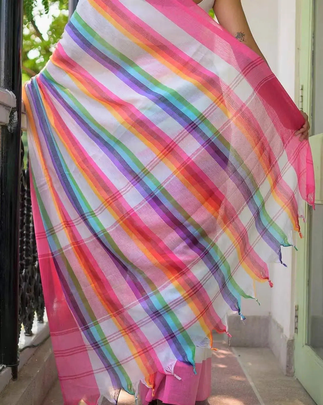 Multicolor Striped Cotton Linen Printed Saree
