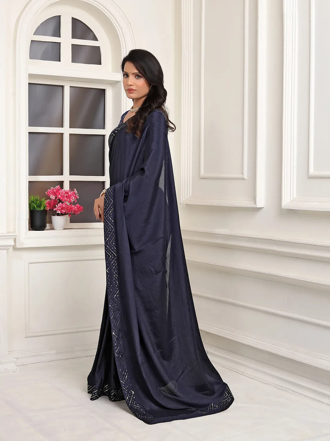 Pionex Ready To Wear Chinon Solid Saree With Embroidered Border
