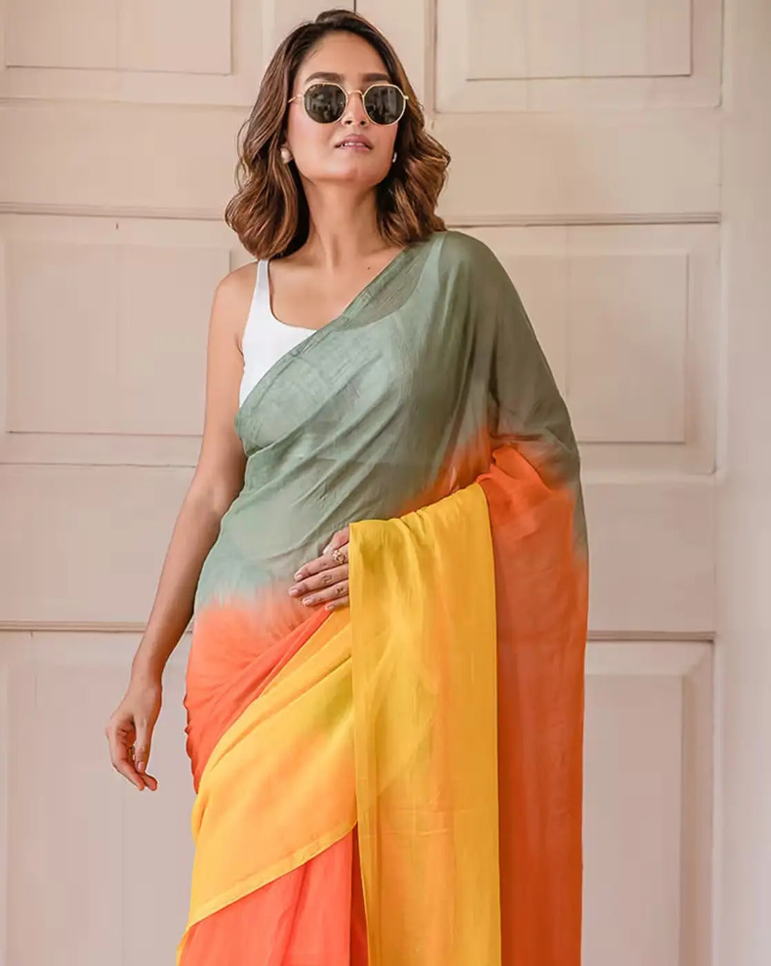 Multicolor Striped Cotton Linen Printed Saree