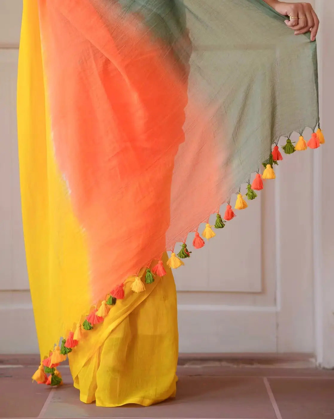 Multicolor Striped Cotton Linen Printed Saree