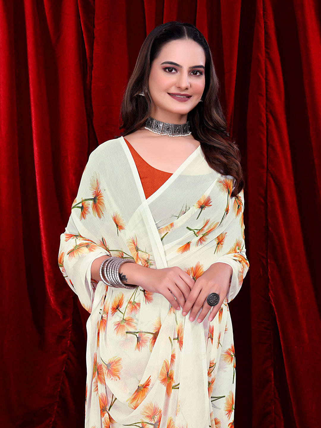 Women's Ready-to-wear Floral Printed Georgette Saree