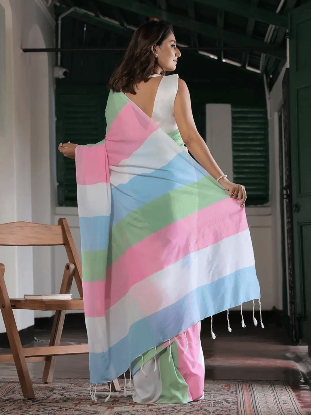 Multicolor Striped Cotton Linen Printed Saree