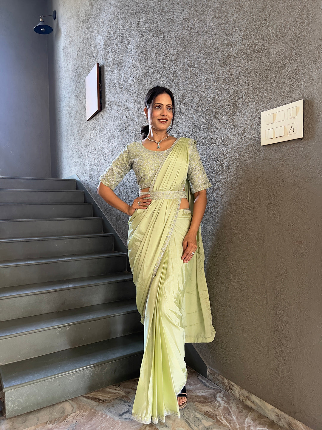 Ready To Wear Chinnon Embroidery Work Saree With Stitched Blouse