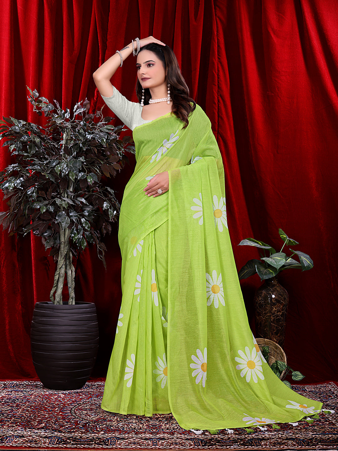 Ready To Wear Floral Print Handloom Pure Linen Saree