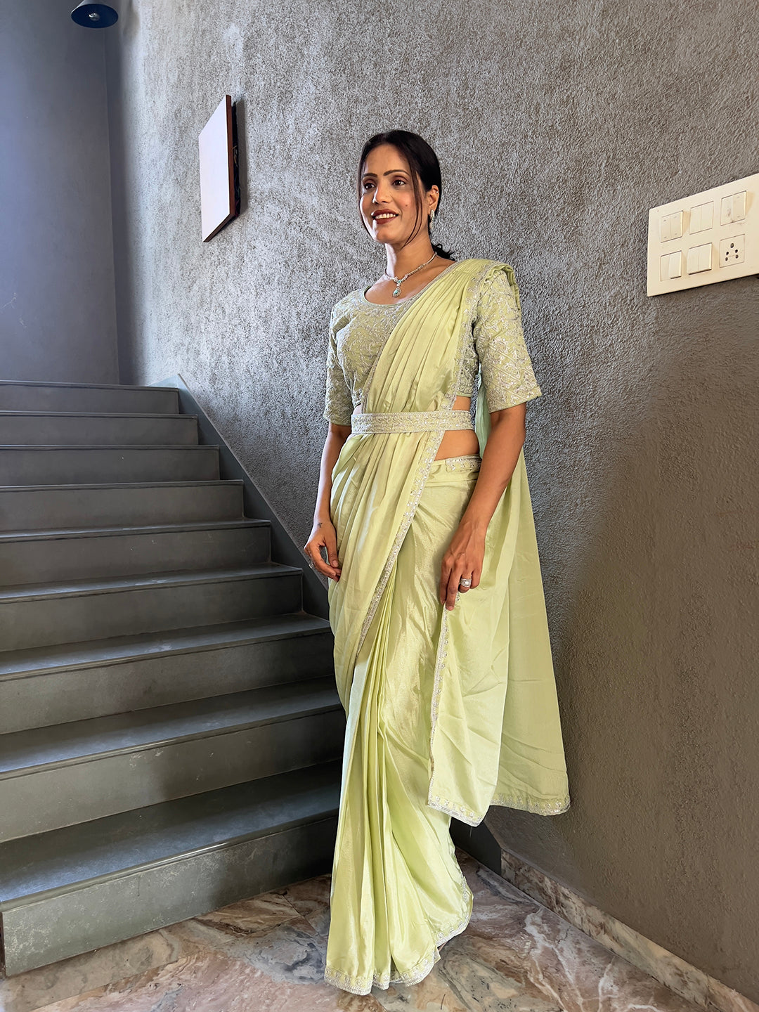 Ready To Wear Chinnon Embroidery Work Saree With Stitched Blouse