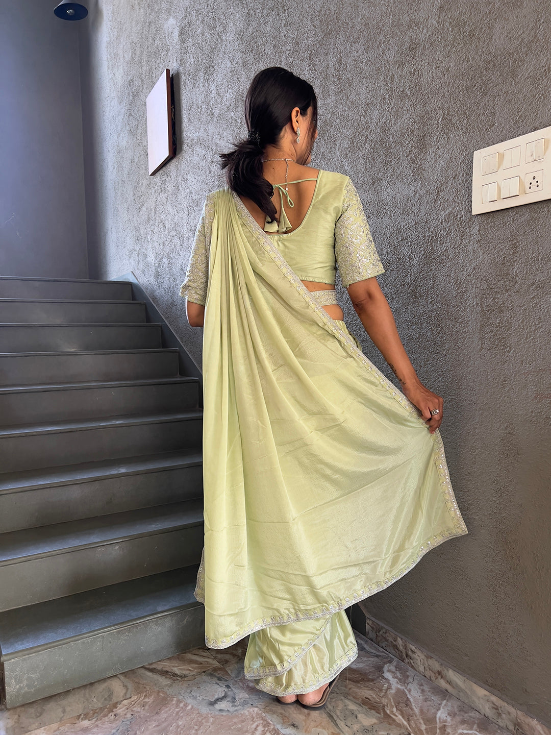 Ready To Wear Chinnon Embroidery Work Saree With Stitched Blouse