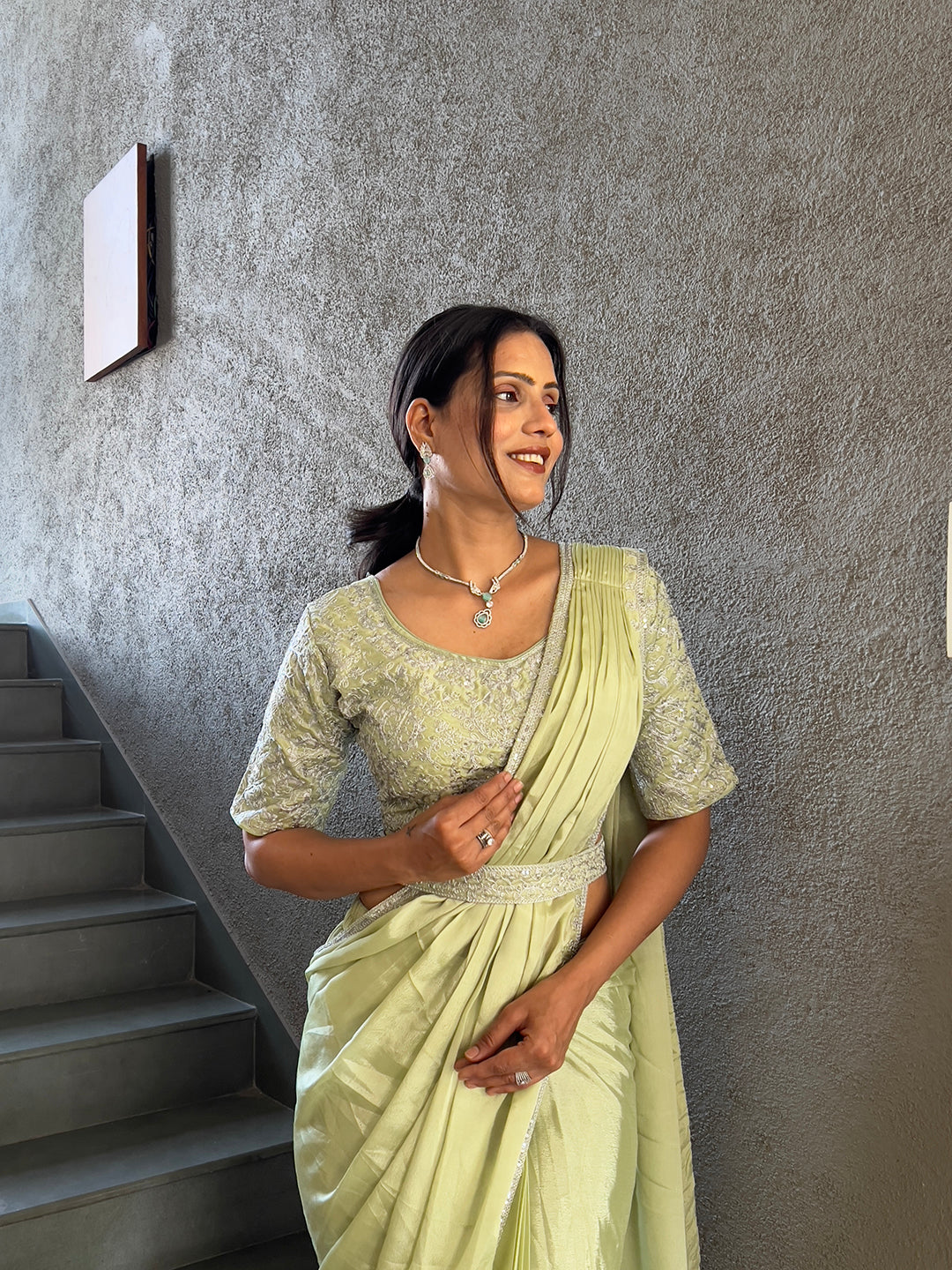 Ready To Wear Chinnon Embroidery Work Saree With Stitched Blouse