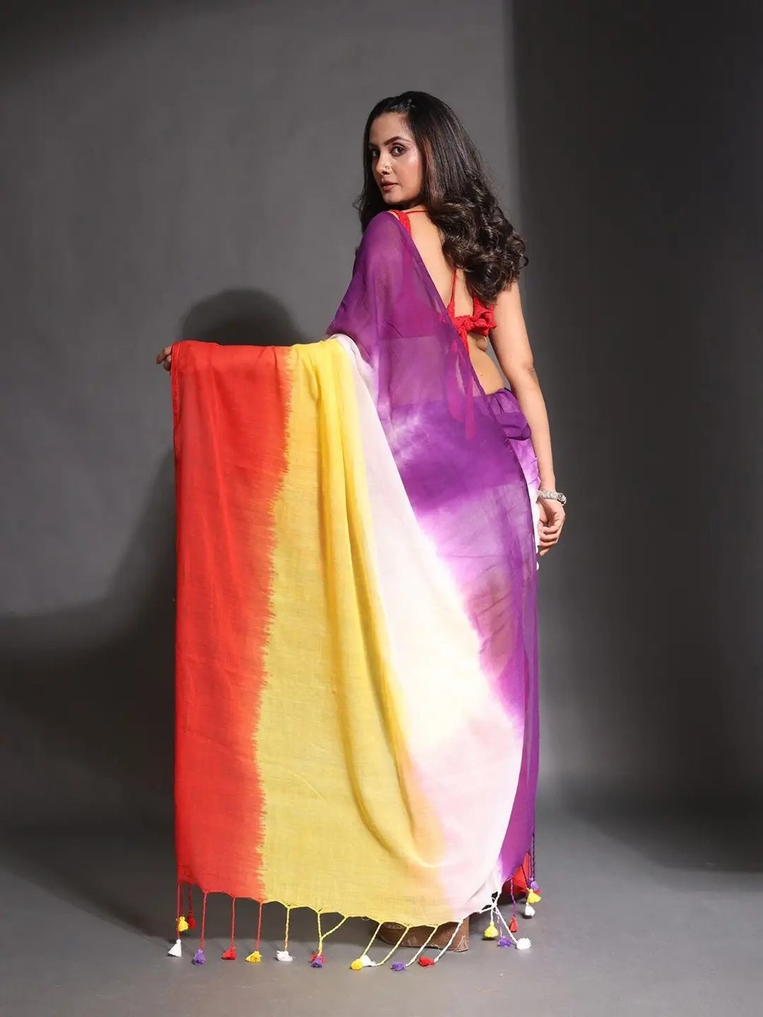 Multicolor Striped Cotton Linen Printed Saree