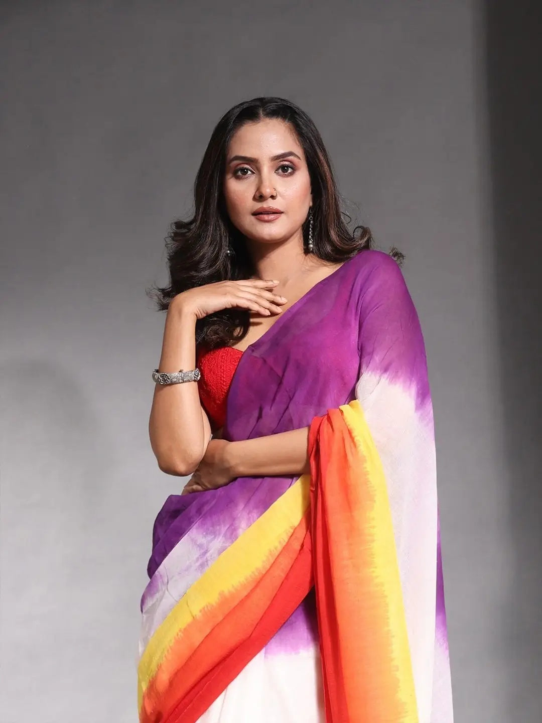 Multicolor Striped Cotton Linen Printed Saree