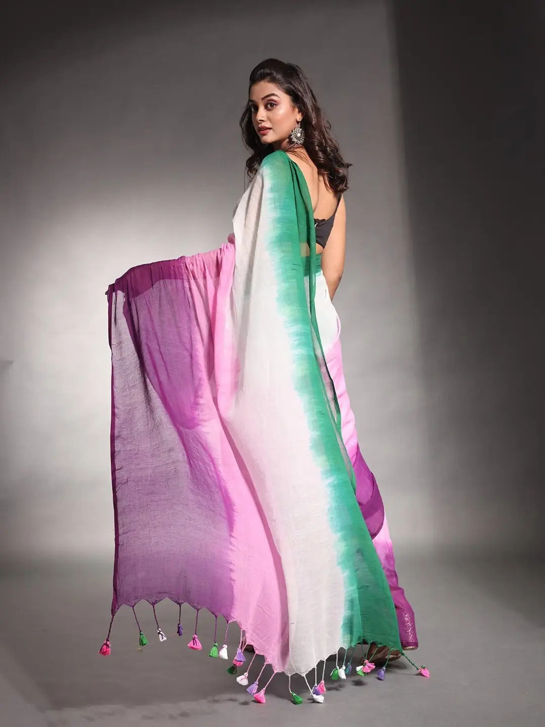 Multicolor Striped Cotton Linen Printed Saree