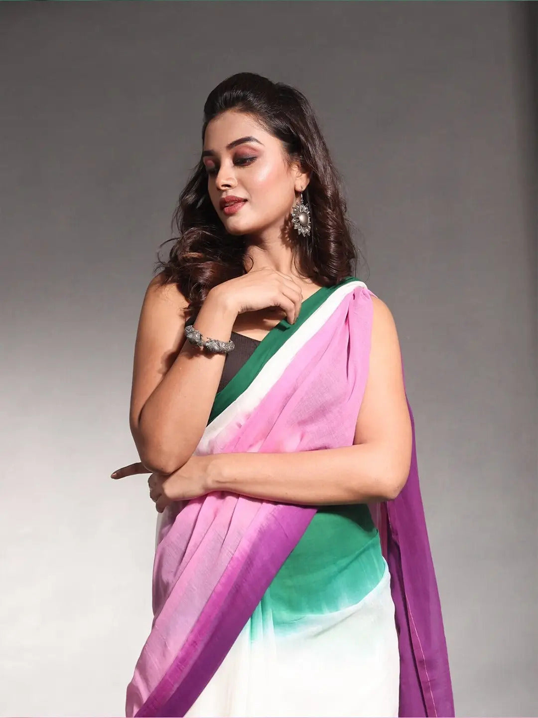 Multicolor Striped Cotton Linen Printed Saree