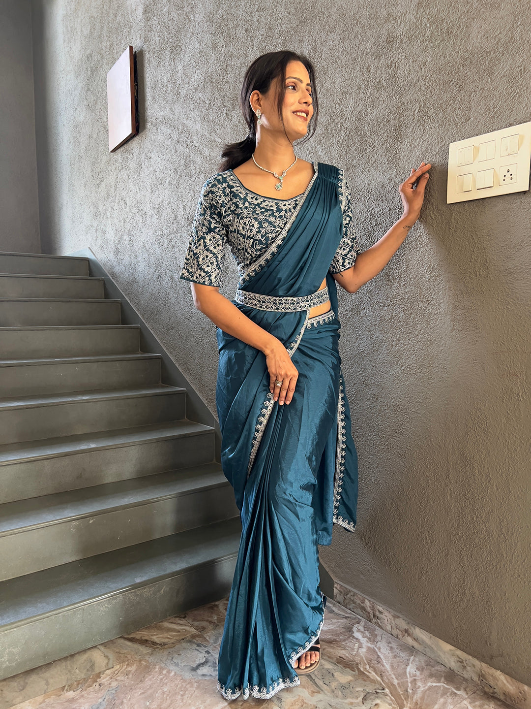 Ready To Wear Chinnon Embroidery Work Saree With Stitched Blouse