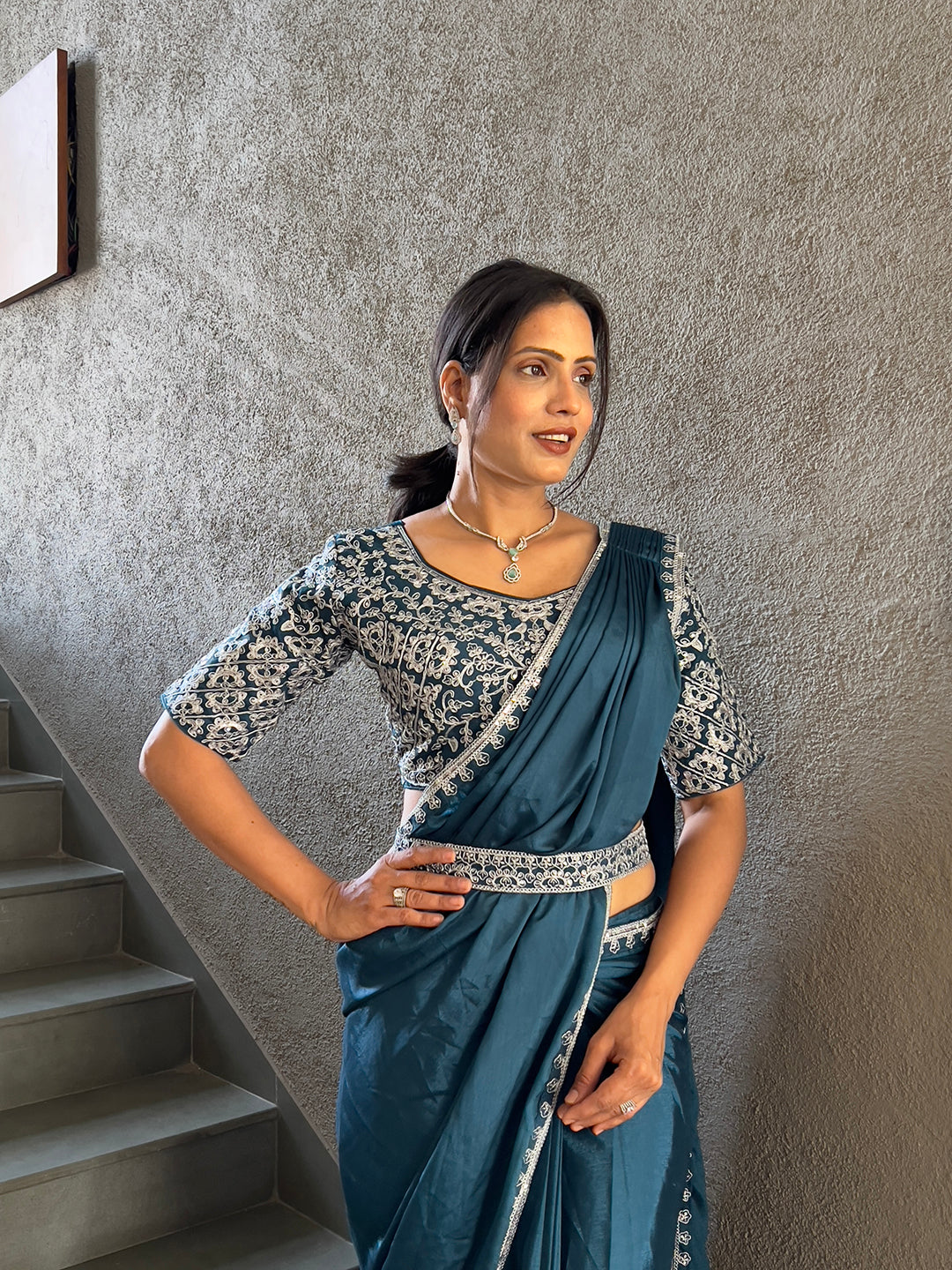 Ready To Wear Chinnon Embroidery Work Saree With Stitched Blouse