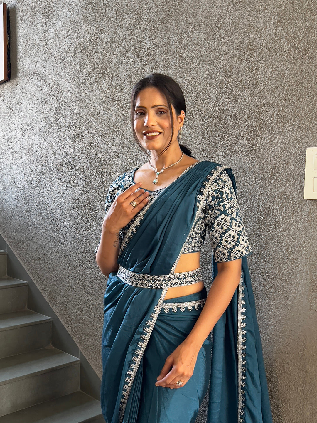 Ready To Wear Chinnon Embroidery Work Saree With Stitched Blouse