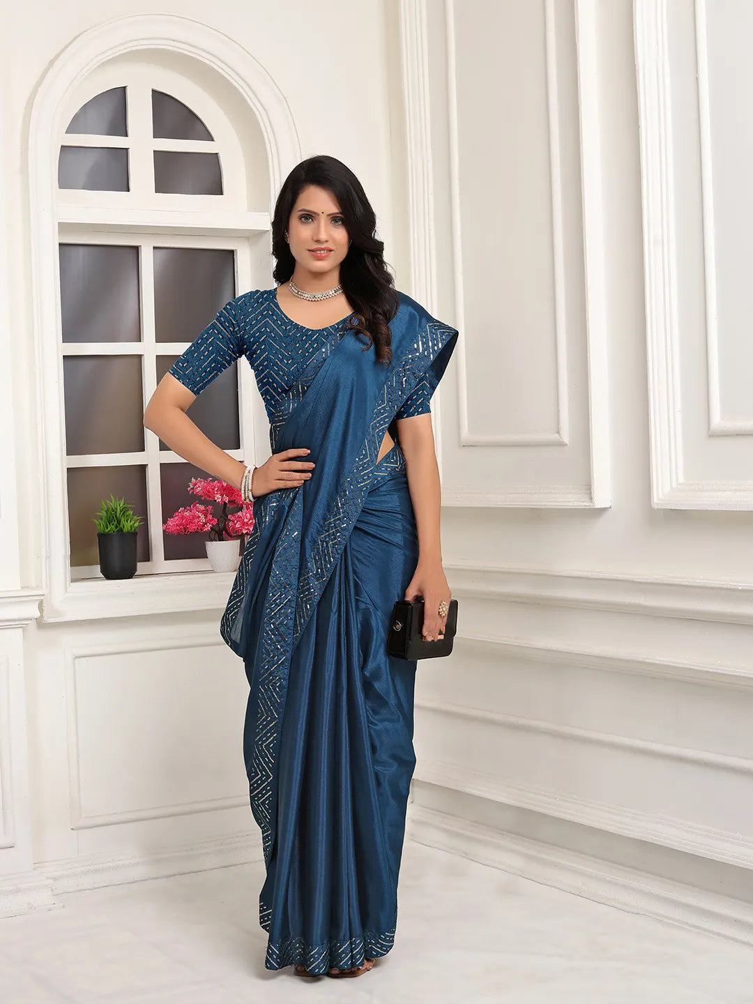 Pionex Ready To Wear Chinon Solid Saree With Embroidered Border