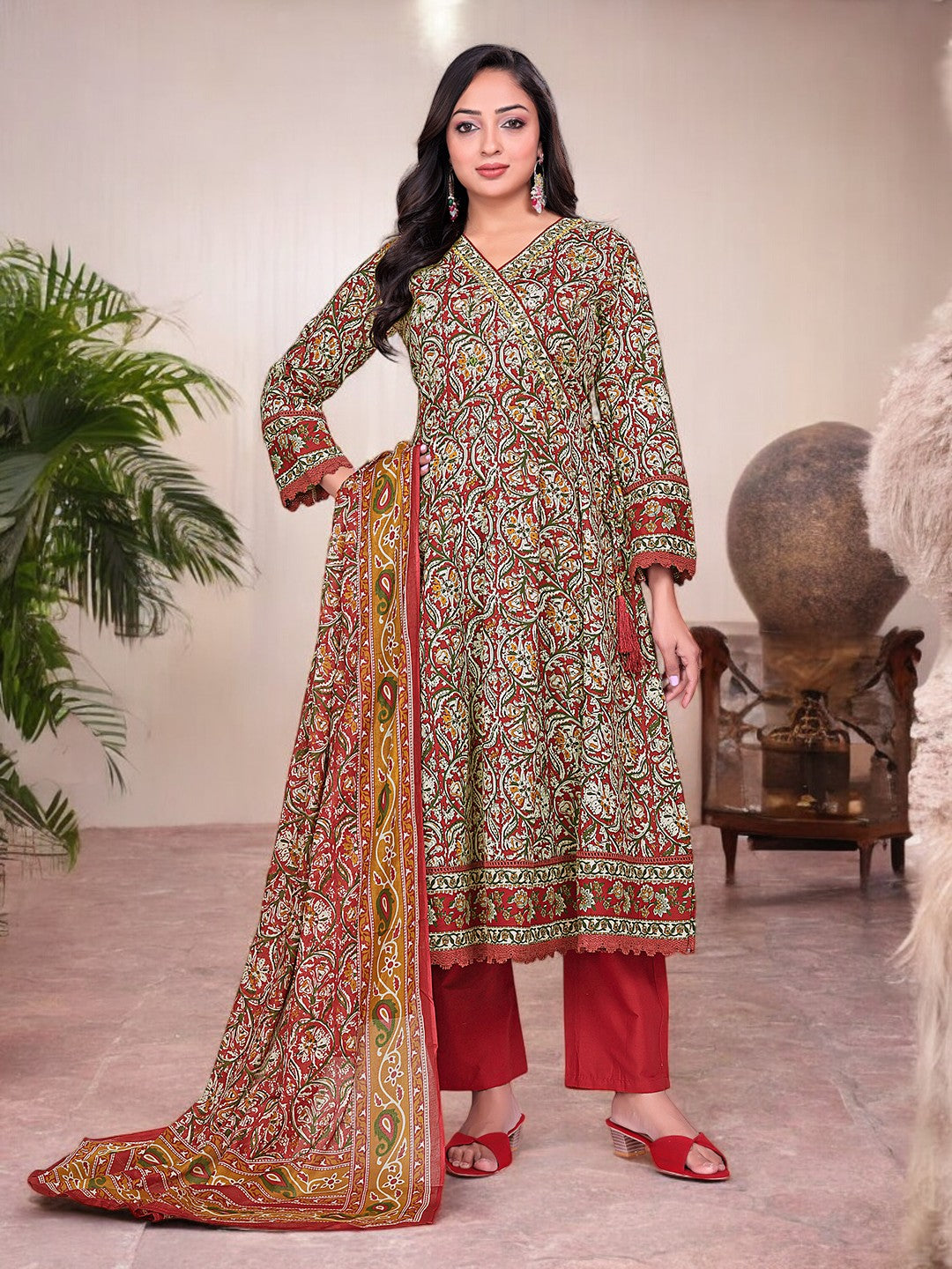 Printed Cotton Anarkali Kurta Set With Handwork on The Neckline