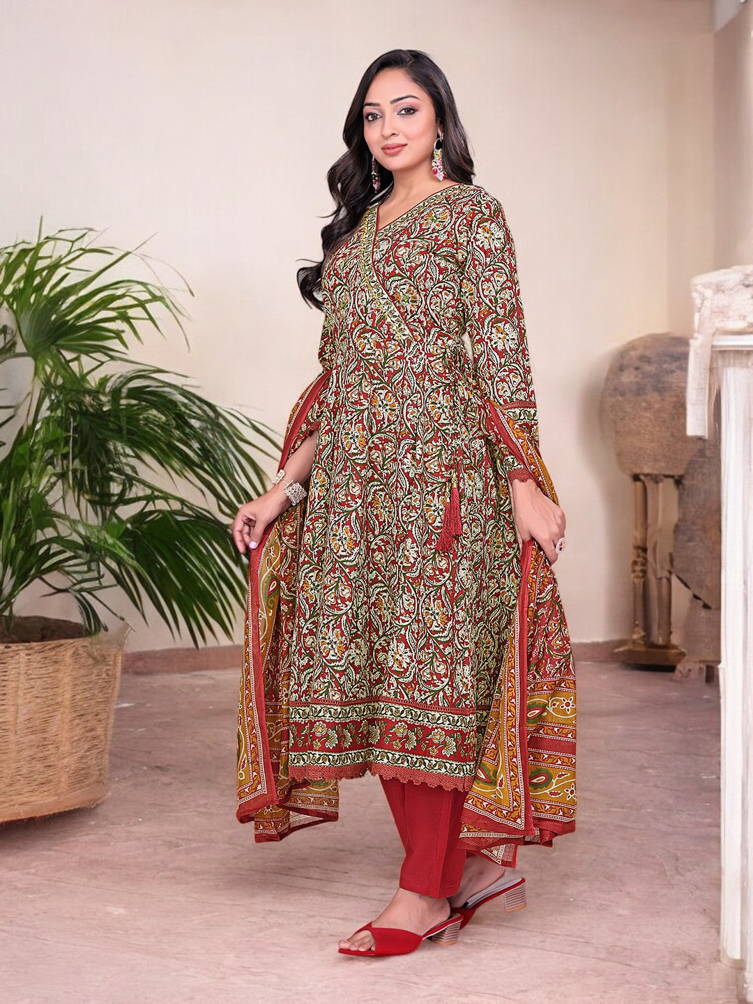 Printed Cotton Anarkali Kurta Set With Handwork on The Neckline