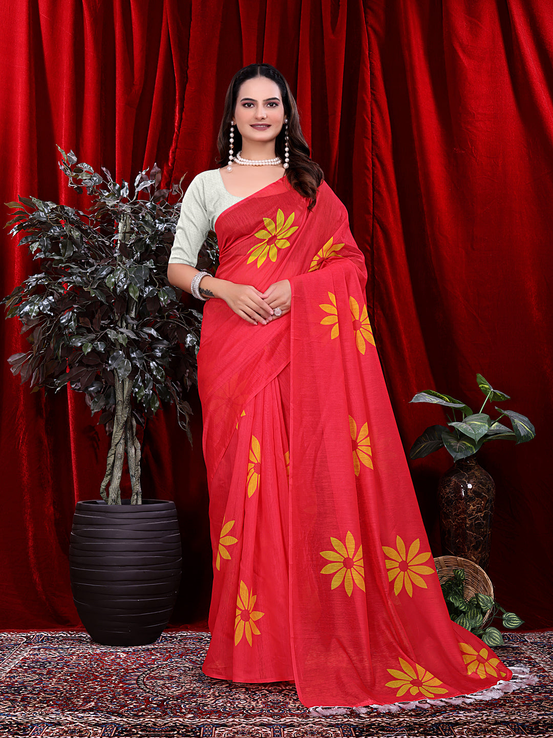 Ready To Wear Floral Print Handloom Pure Linen Saree