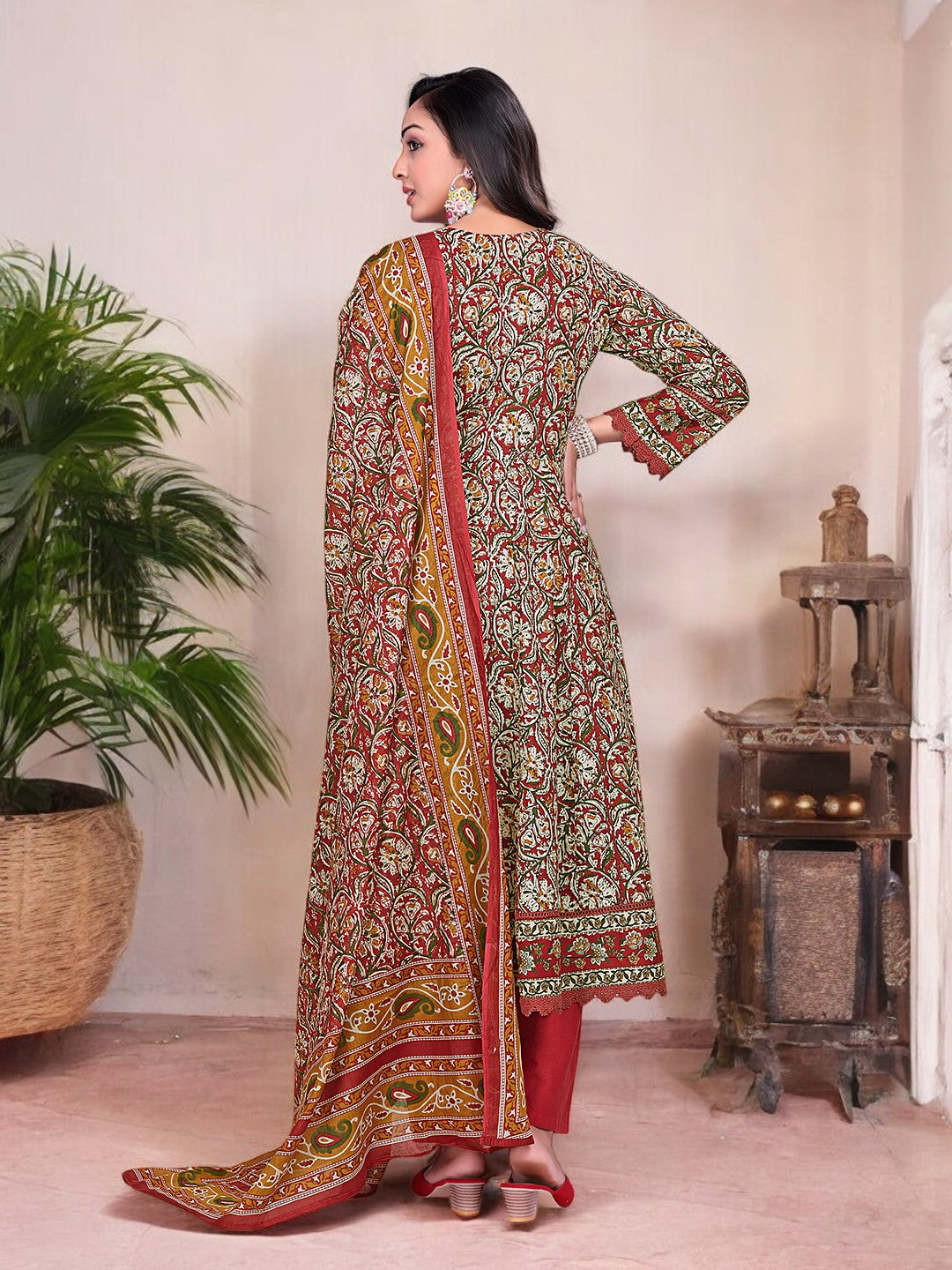 Printed Cotton Anarkali Kurta Set With Handwork on The Neckline