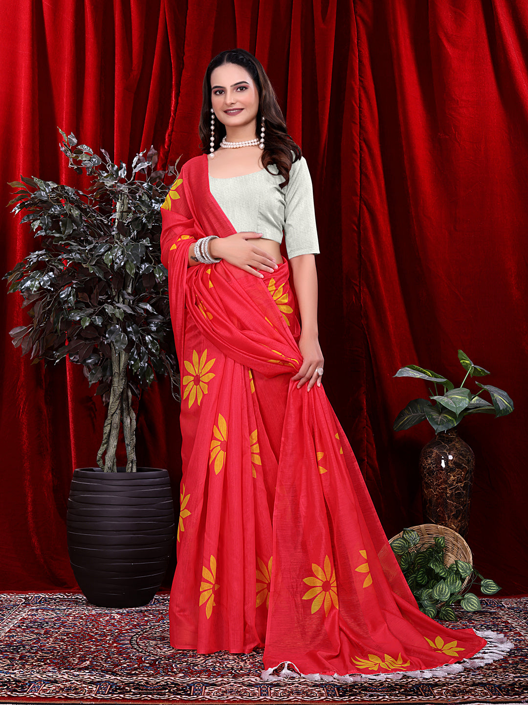 Ready To Wear Floral Print Handloom Pure Linen Saree