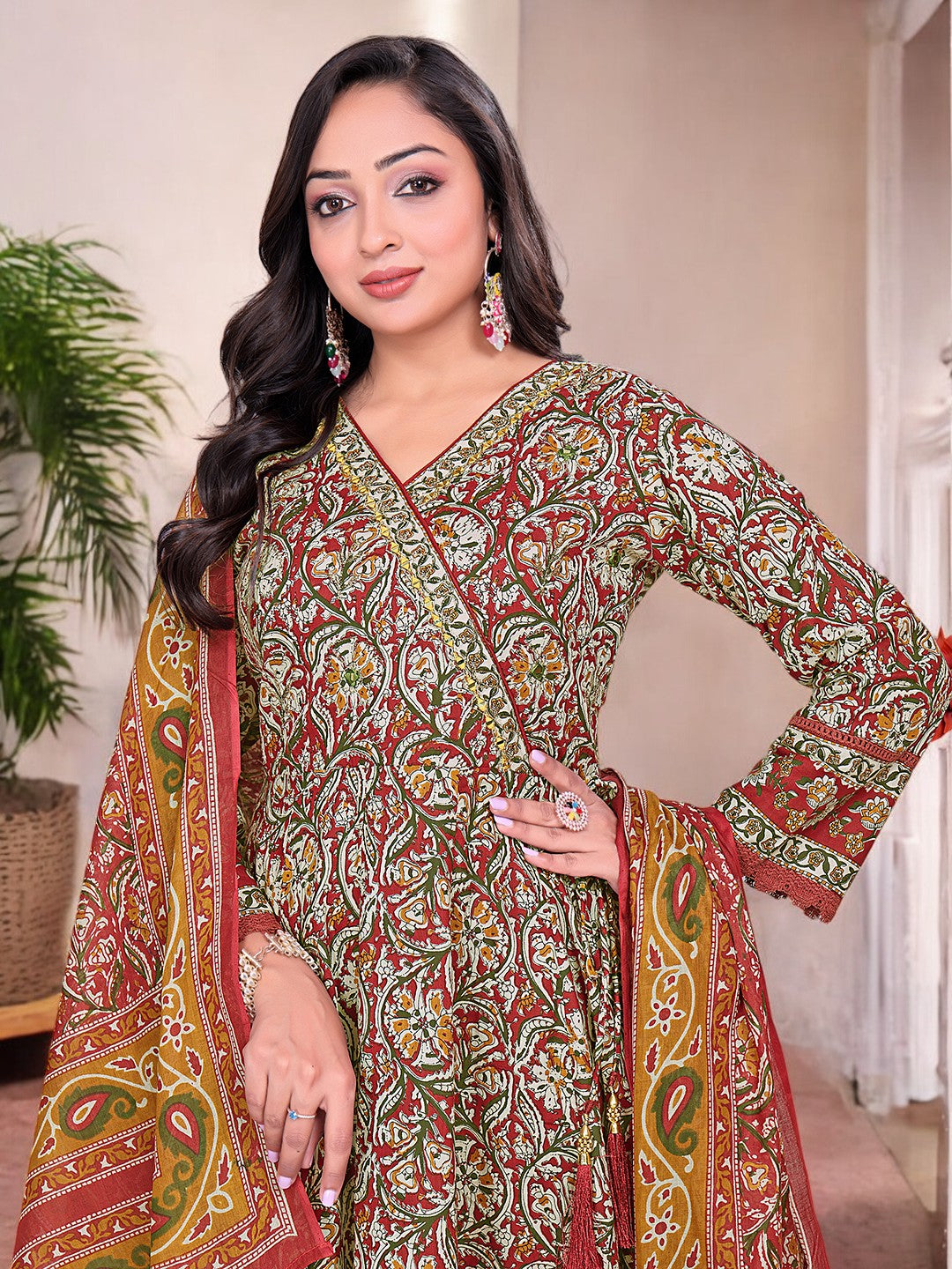 Printed Cotton Anarkali Kurta Set With Handwork on The Neckline