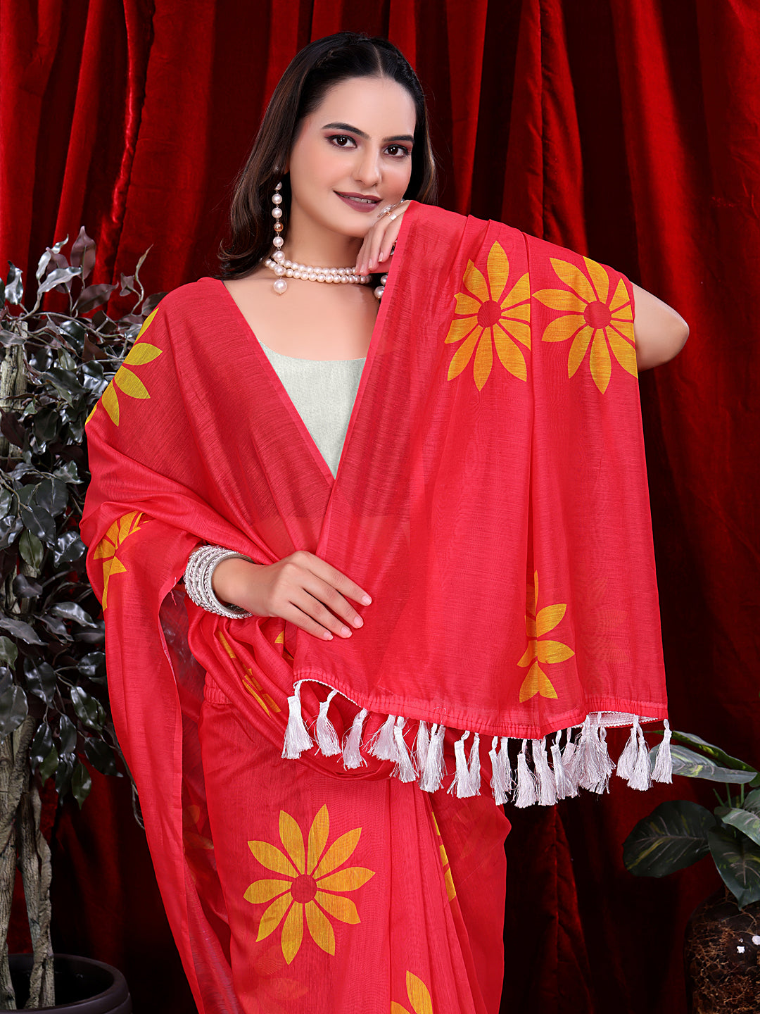 Ready To Wear Floral Print Handloom Pure Linen Saree