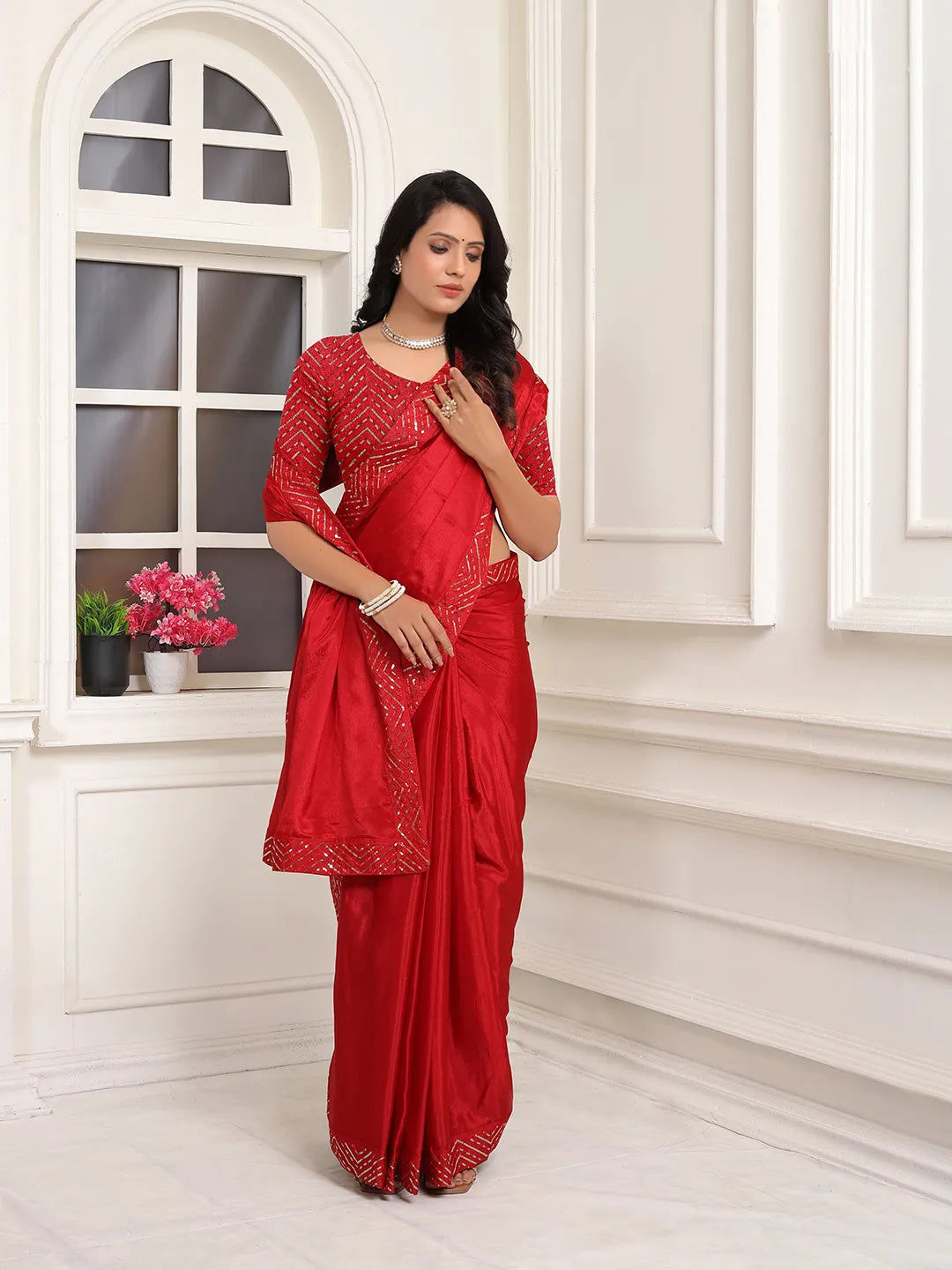 Pionex Ready To Wear Chinon Solid Saree With Embroidered Border