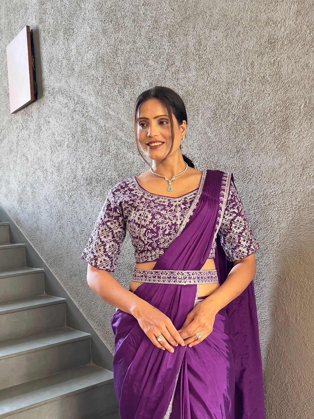 Ready To Wear Chinnon Embroidery Work Saree With Stitched Blouse
